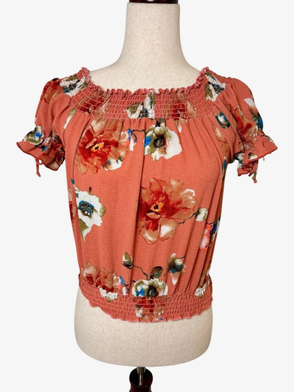 Hello Miss Pink Floral Smocked Puff Sleeve Peasant Tie Sleeves Crop Top Small